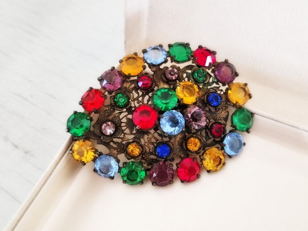 Antique 1920s Czech Multi-Color Fruit Salad Glass Brooch Pendant